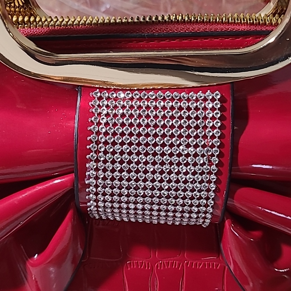Elegant Red Bow Accent Women's Handbag with Gold Handles - Picture 3 of 5
